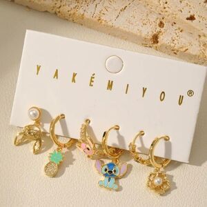 14K Gold Plated Lilo & Stitch Theme Earrings Huggie Hoop Dangle Mismatch…